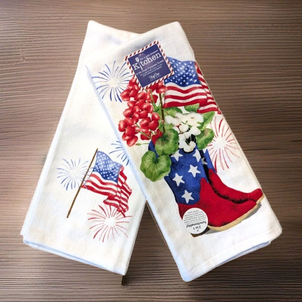 Kay Dee USA Flag Patriotic Boots Kitchen Towels Stars Stripes 2-Pc Cotton NEW